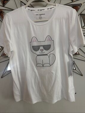 Karl Lagerfeld White Tee with Studded Cat Graphic and Pink Accents